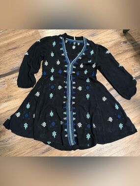 Free People Black Embroidered Boho Dress with Blue and Teal Accents